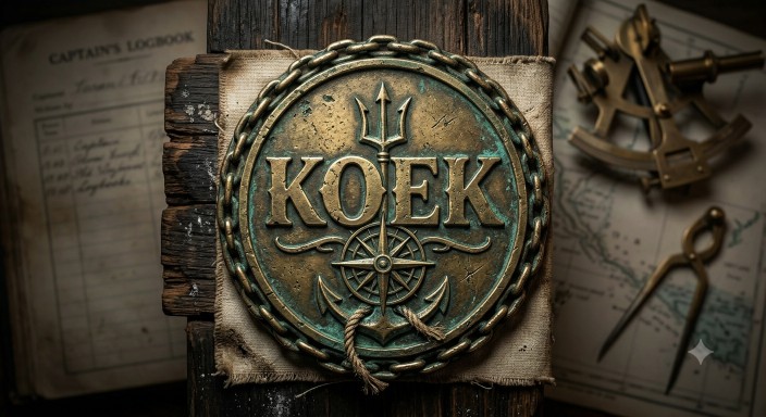 The KOEK maritime seal — a weathered brass medallion bearing a trident, compass rose and crossed anchors